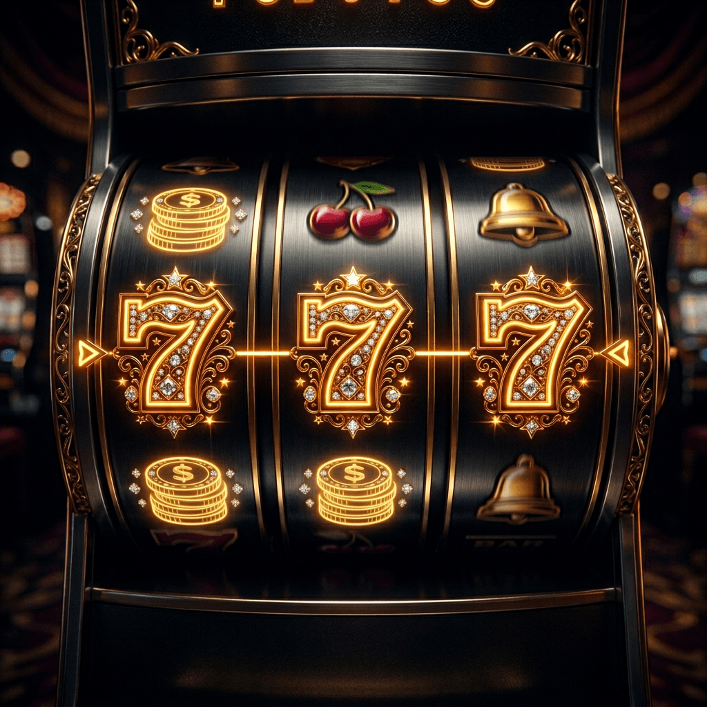 Slot machine showing triple sevens jackpot win